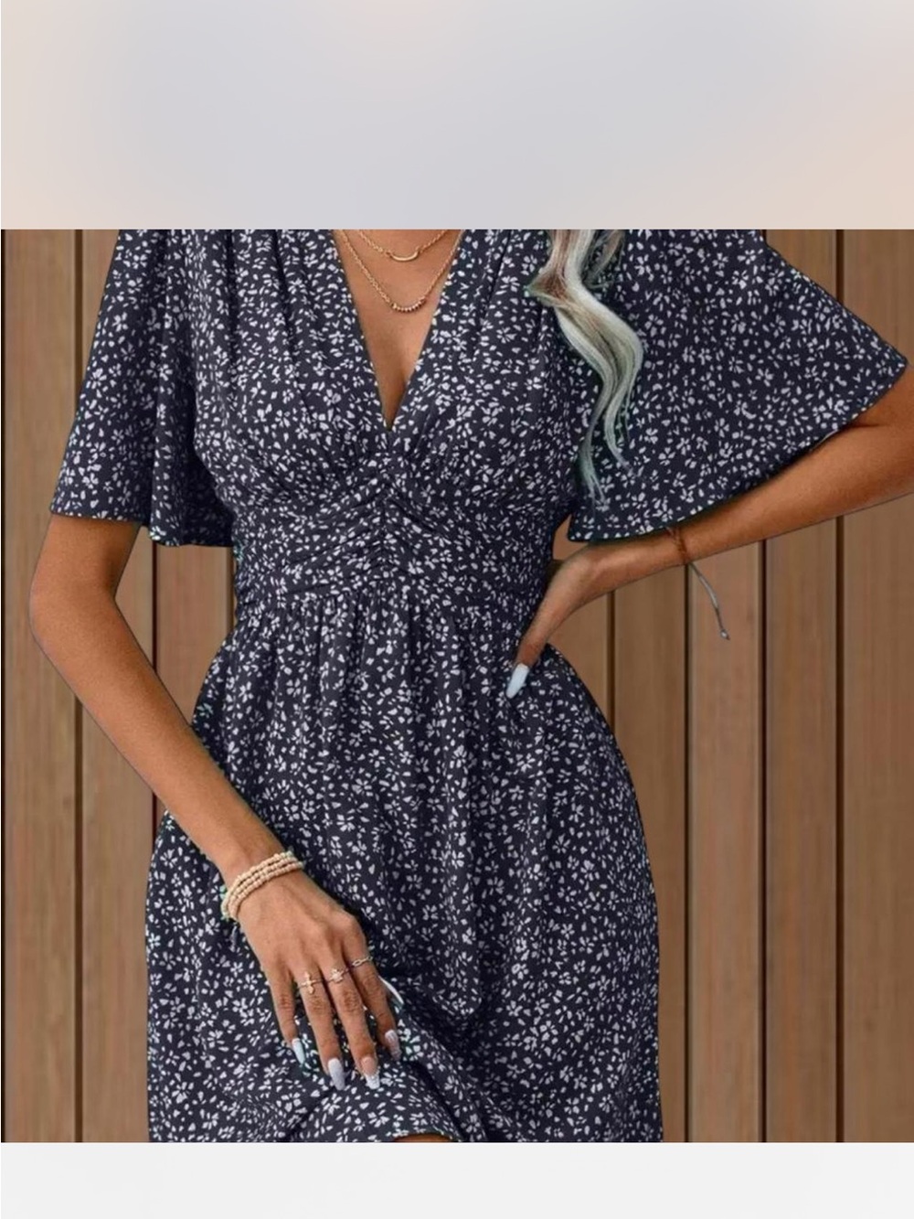 Black Floral V-Neck Midi Dress with Flutter Sleeves, size 8